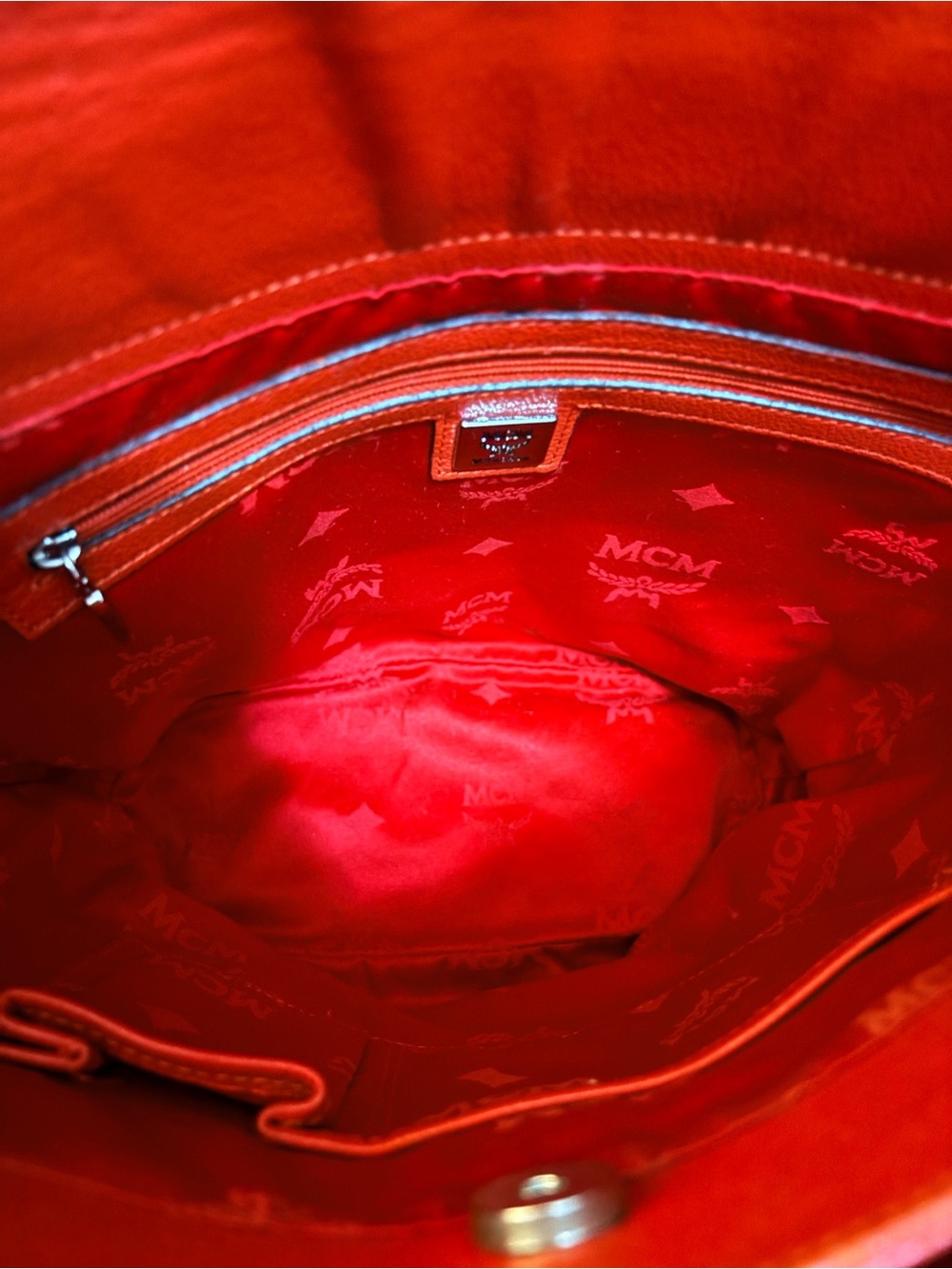 MCM Coral Red Pebbled Leather Studded Tote Bag - Picture 13 of 14